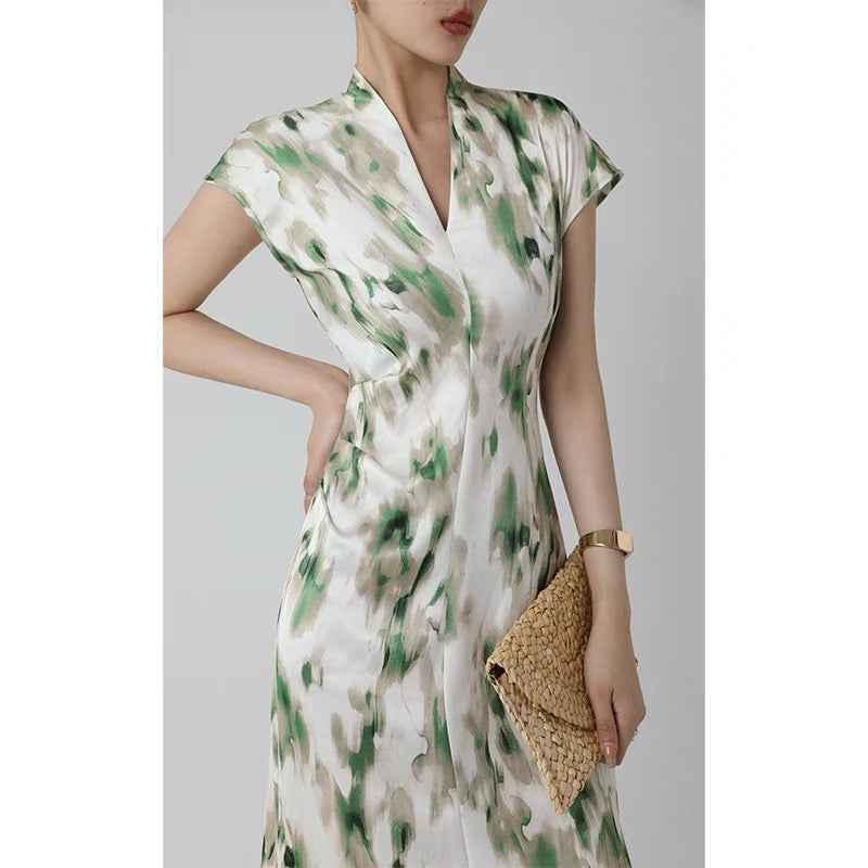 WANGXO Ink print V-neck temperament dress women's summer 2022 new waist and thin slit midi skirt