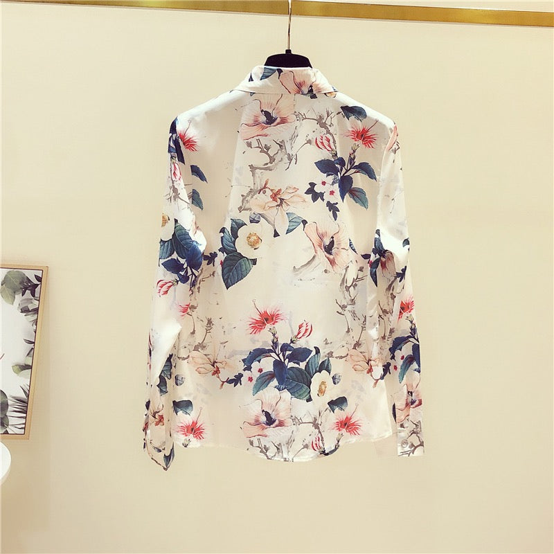 Heavy fashion foreign style printed shirt women's early autumn new temperament long-sleeved slim chic top plus size all-match trendy