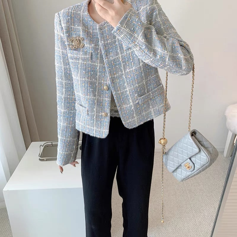 CHICROOM blue plaid small fragrance coat women's spring and autumn small retro wool knitted short top