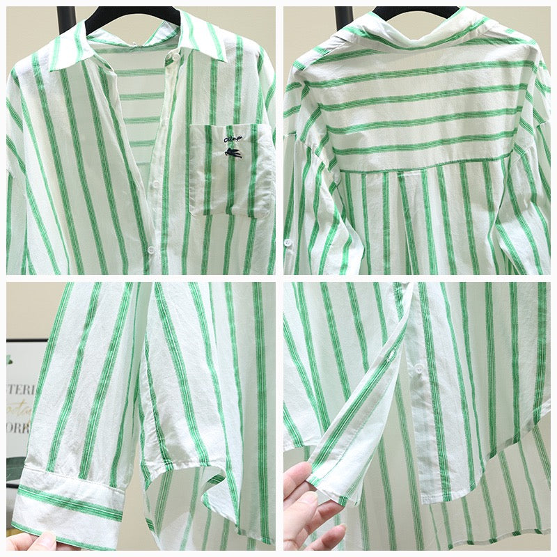 Mid-length green embroidered striped shirt women 2023 summer new Korean version loose thin shirt niche top