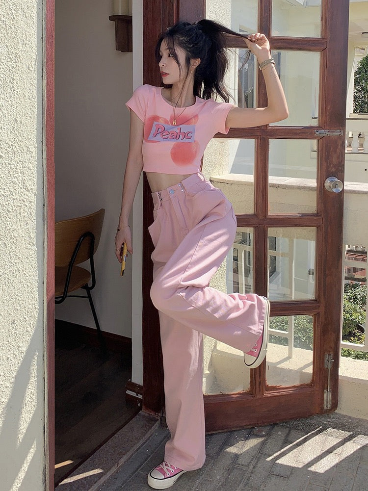 Short-sleeved front shoulder T-shirt women's summer 2023 new pure desire sweet hot girl style self-cultivation short section navel printing top ins