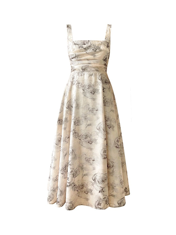 Aconiconi|Thorn Garden Advanced Design French Print Temperament Goddess Sleeveless Long Dress Dress