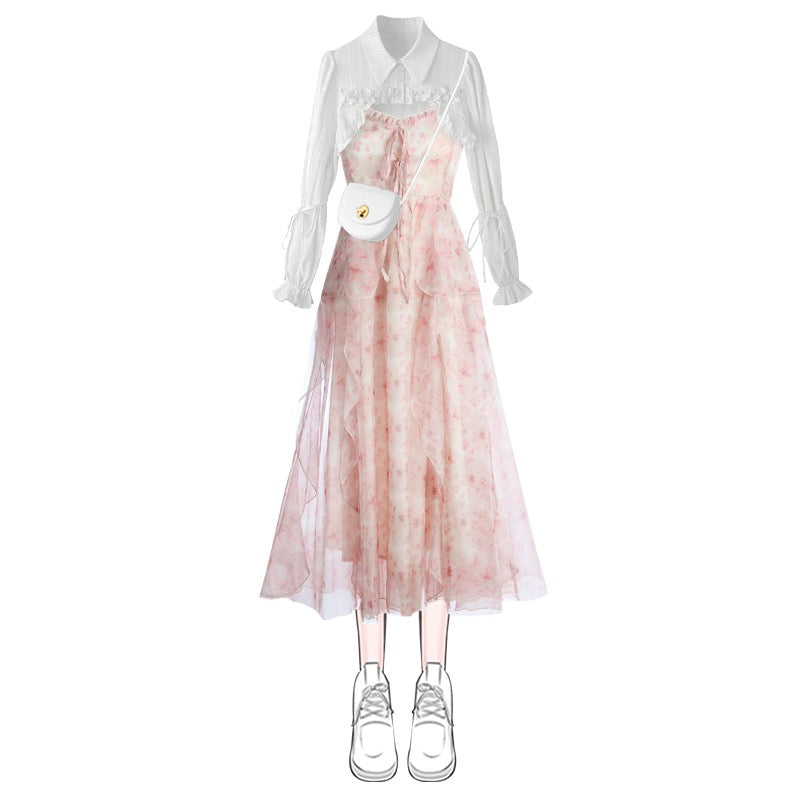 Chic sweet and spicy very fairy irregular floral dress autumn new shirt 2023 new waist waist suspender skirt female
