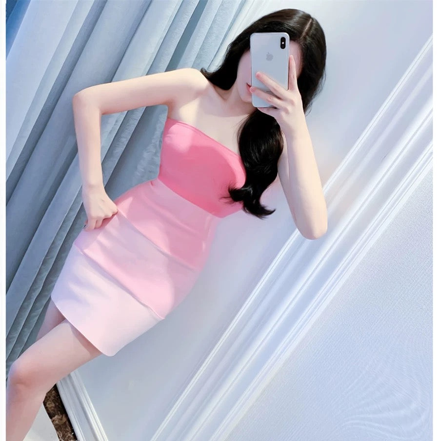 Gradient pink tube top sexy hot girl wrap skirt dress