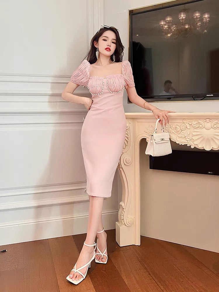 European station milk sweet skirt scheming design sense pink gentle age-reducing slim mid-length square neck dress female summer