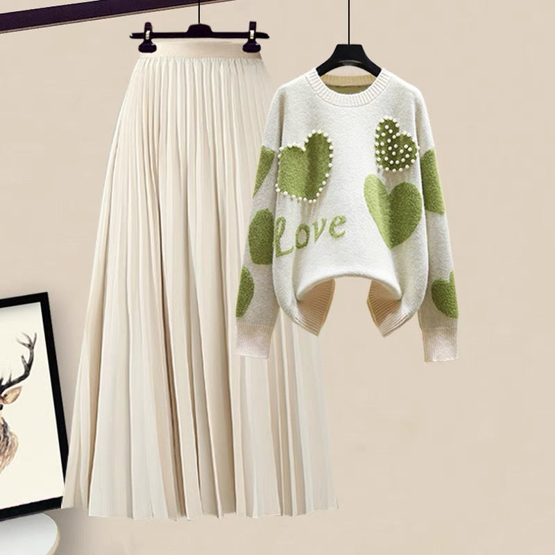 Autumn autumn clothes small fresh and sweet love knitted sweater skirt skirt small suit female autumn two-piece suit