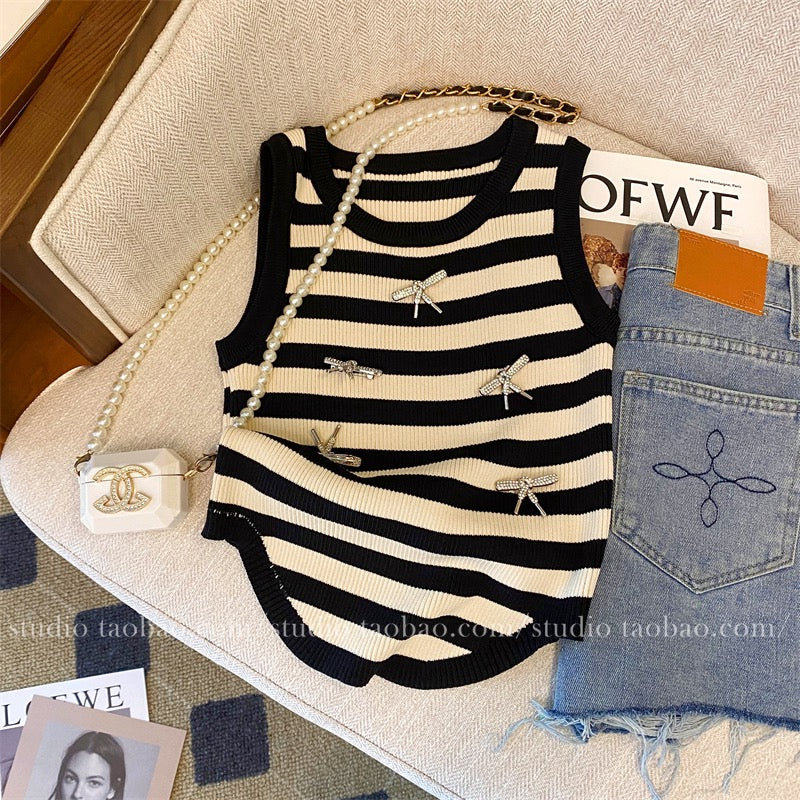 Bowknot treasure girl knitting with vest summer women's clothing 2023 new hot sexy close-fitting top