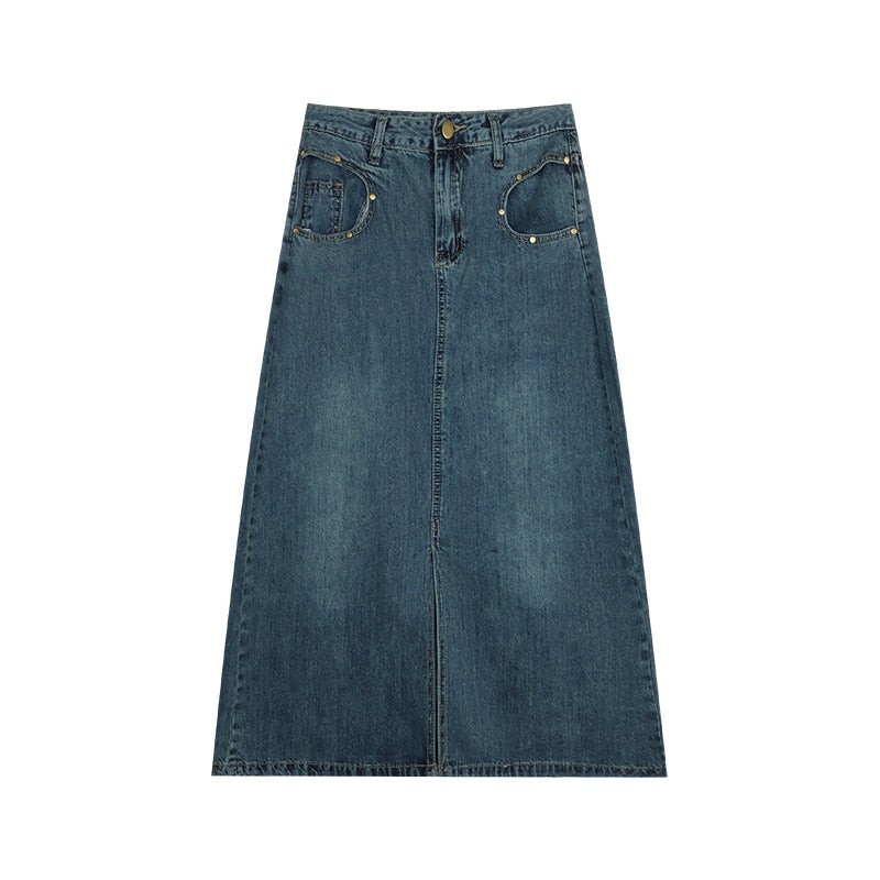 Retro denim skirt design sense slit skirt women's spring small A-line skirt mid-length skirt skirt