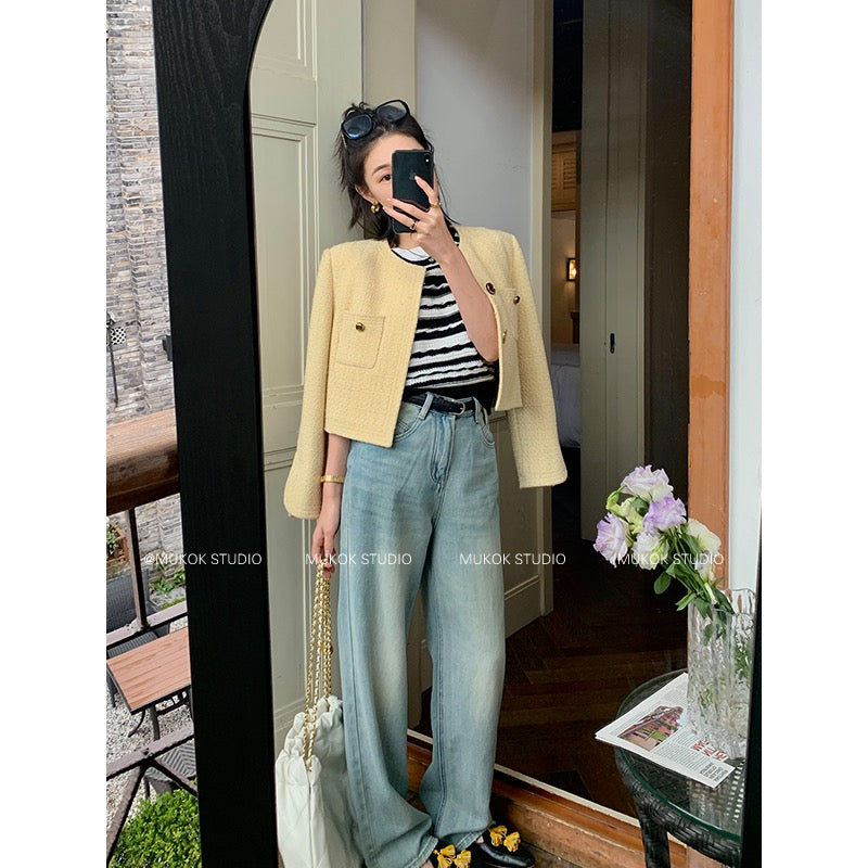 MUKOK Retro Blue Straight Jeans Women 2023 Spring New High Waist Drape Casual Wide Leg Mopping Trousers