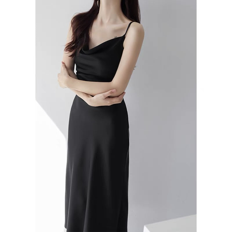 MZOMXO acetic acid texture satin swing collar suspender dress women's high-end summer temperament slim waist long skirt