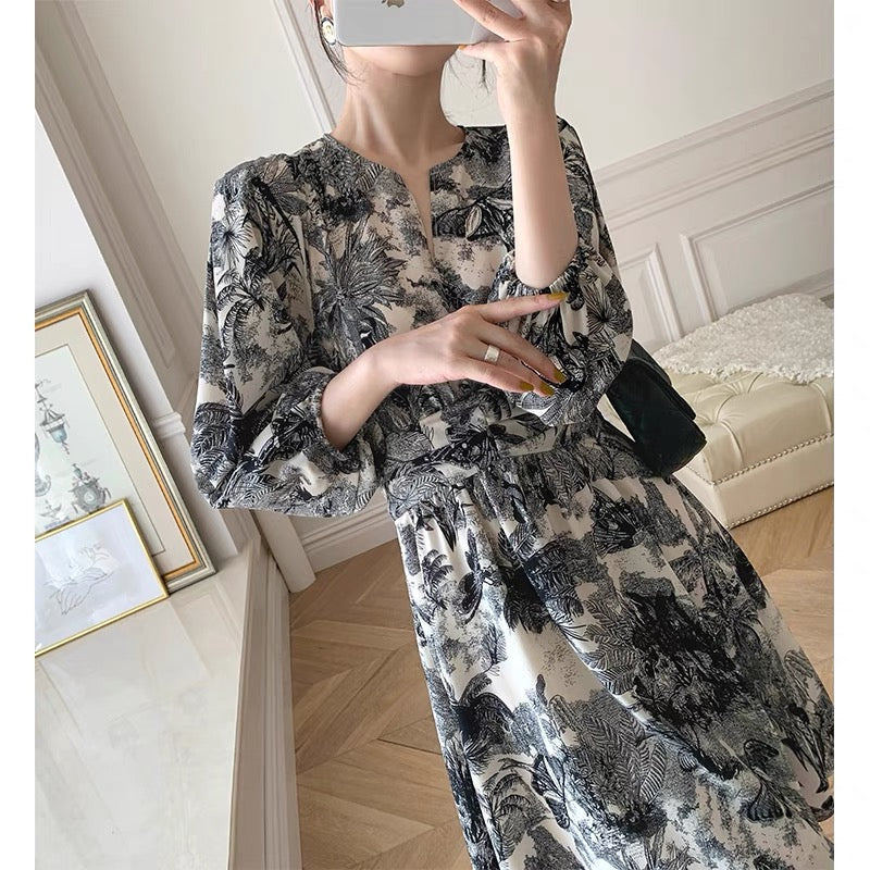 mona original women's dress skirt women's spring and summer dress three-quarter sleeves line-painted printing waist slimming light luxury mid-length skirt