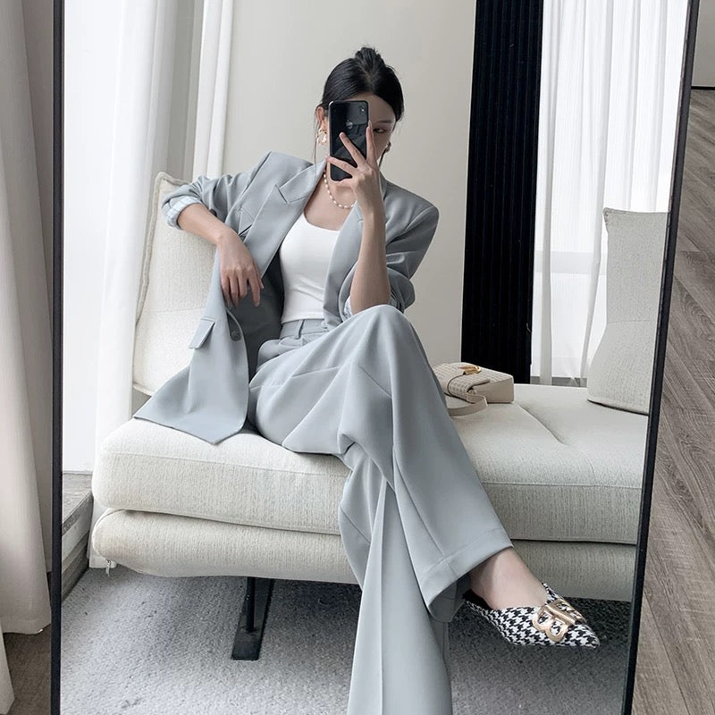 FT GUOGE blue suit suit 2022 autumn new high-end fashion temperament goddess fan pants two-piece set 1596