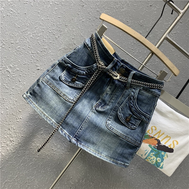 Tide brand 2023 spring new retro nostalgic blue denim bag hip skirt sexy high waist elastic a-line skirt