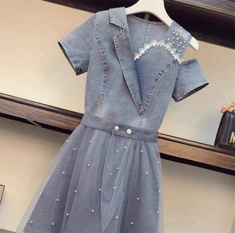 Plus size women's fat sister 2022 summer new beaded denim dress mesh skirt two-piece suit