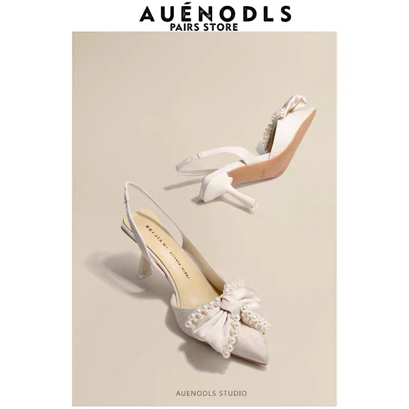 AUENODLS leather back empty white bow toe sandals women's French Xiuhe pointed toe stiletto wedding shoes
