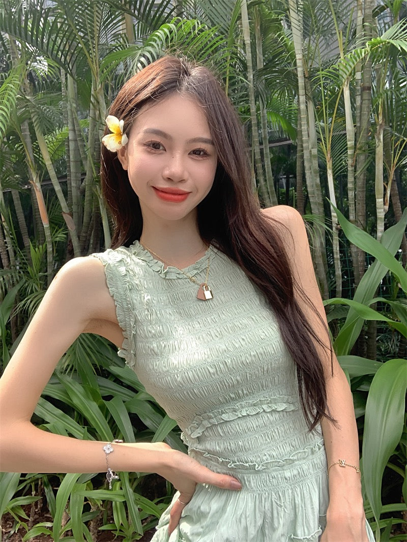 First Love Slim Green Dress Female Waist Slim Temperament Skirt Summer Gentle Wind French Niche Long Skirt