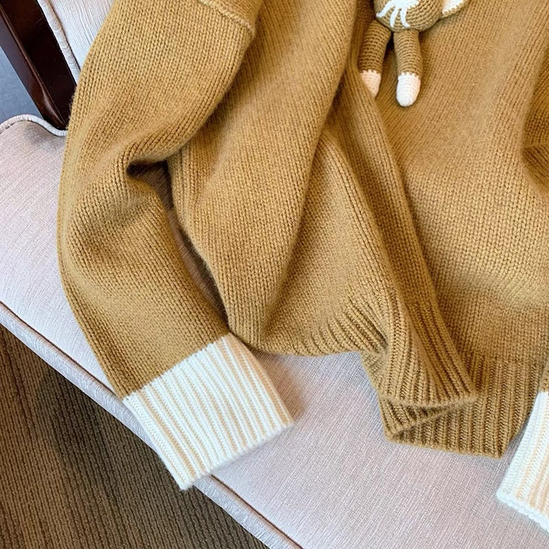 Retro Lazy Wind Loose Pullover Soft Waxy Bear Sweater Women's Autumn New Small Contrast Color V-neck Knitted Top