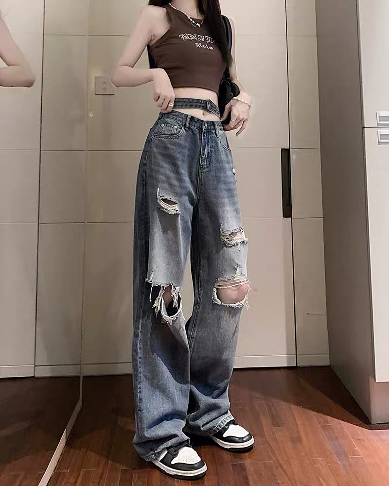 Kumikumi high-waisted hollow jeans women's summer loose and thin ripped wide-leg pants straight-leg mopping long pants 3939