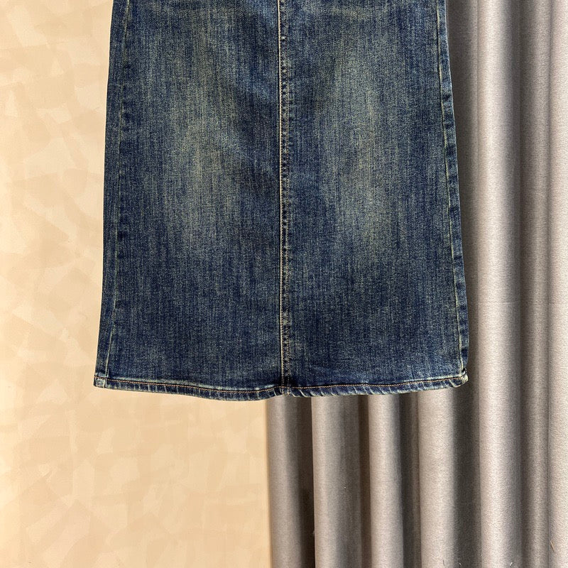 Contrasting color high waist denim skirt women's autumn new style thin all-match rear slit retro high waist bag hip long skirt