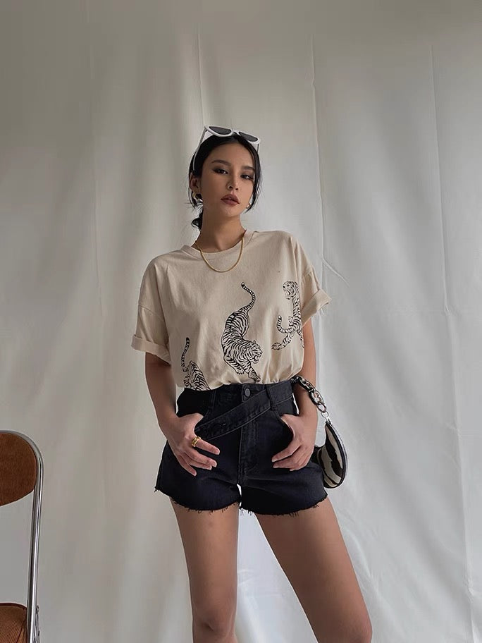 European and American ins retro three tigers front and back printed short-sleeved t-shirt women's casual all-match loose pullover top summer cool