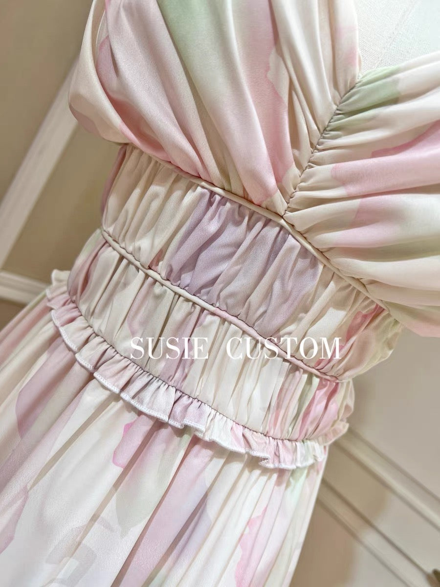 Customized deep V-neck pleated fungus edge with chest pad waist A-line tutu skirt printed suspender dress
