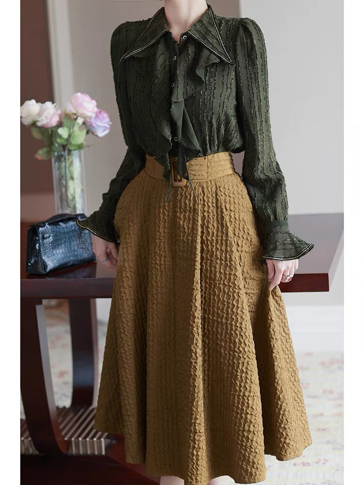 French light luxury retro autumn women's suit 2022 new ladies ruffled shirt skirt fashion two-piece set