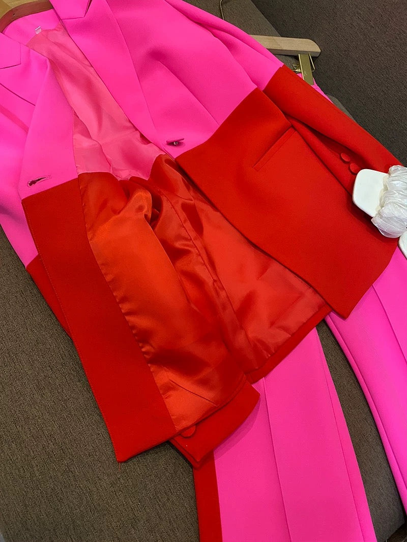 New European and American star fashion one-button contrast color matching suit + flared pants suit two-piece set 6372