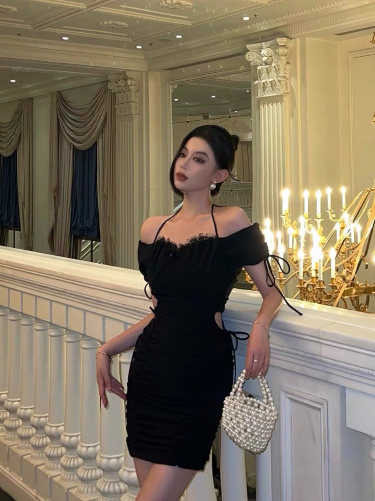 Hot girl black halter dress summer female sweet and spicy chic stunning small fold waist bag hip small black dress 6543