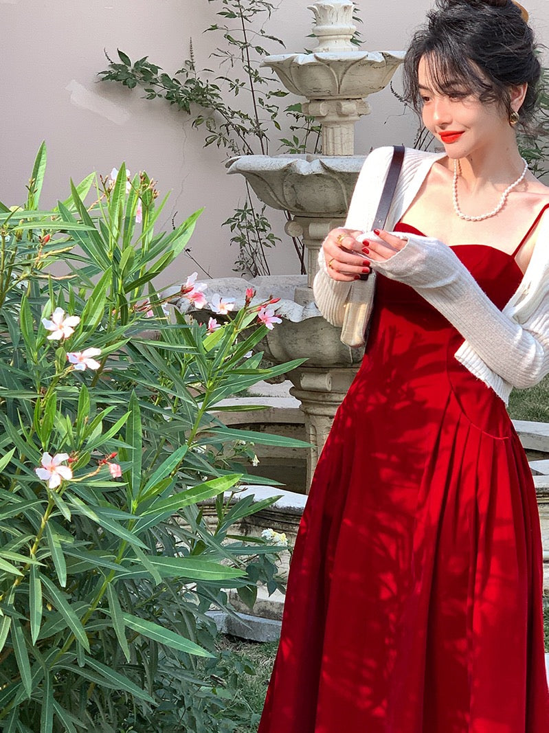Jiuwu Homemade French Retro High Waist Slim Suspender Velvet Dress Spring Mid-length Over-the-Knee Base Skirt Female