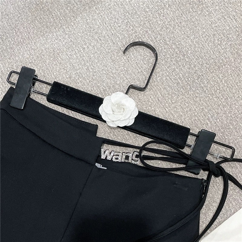 2022 summer new western style wild rhinestone letter tie high waist solid color American hot girl sexy hot pants women 1600