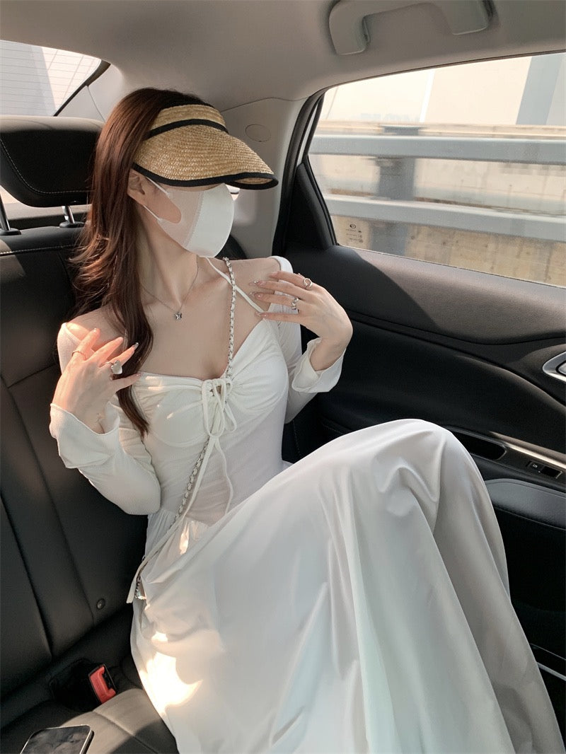 French one-shoulder hanging neck suspender dress niche design sense summer women's waist slimming fairy skirt long skirt