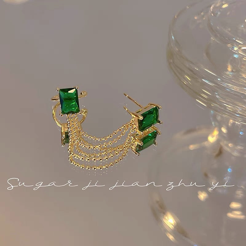SUGAR French retro emerald earrings light luxury niche high-end tassel one-piece earbone clip earrings women