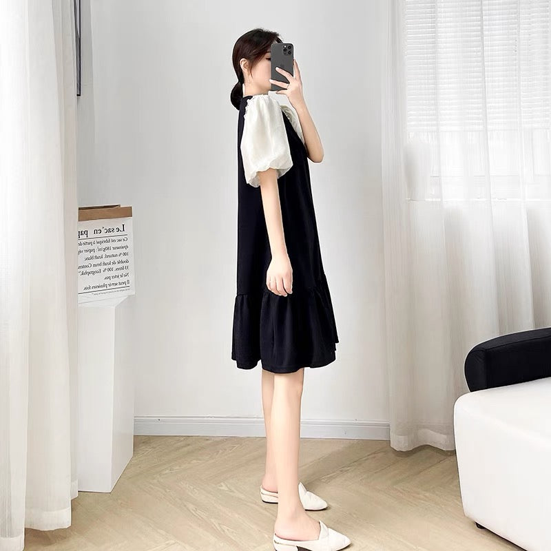 2022 new women's summer loose mid-length ruffle dress women's black stitching puff sleeve doll skirt