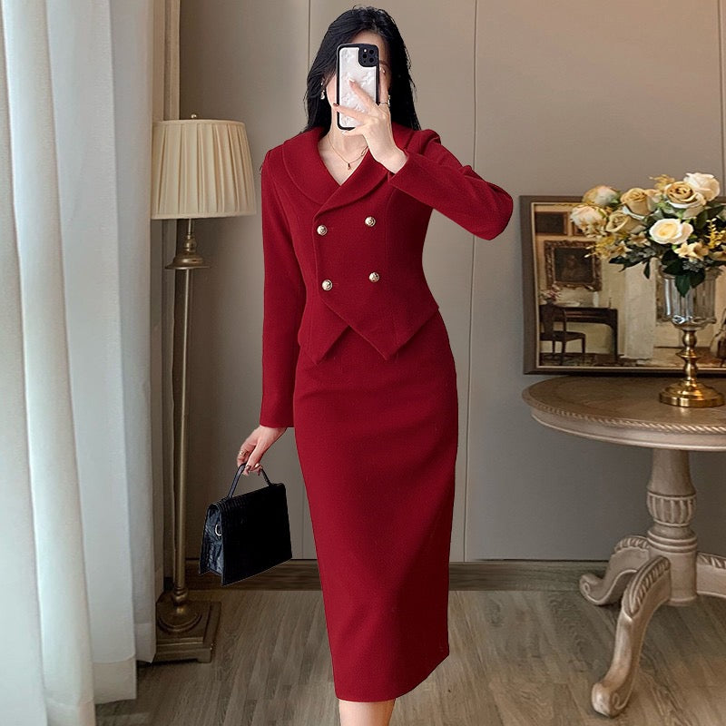 Chinese New Year red woolen small fragrant wind suit skirt 2023 winter new fashion temperament celebrity two-piece spring