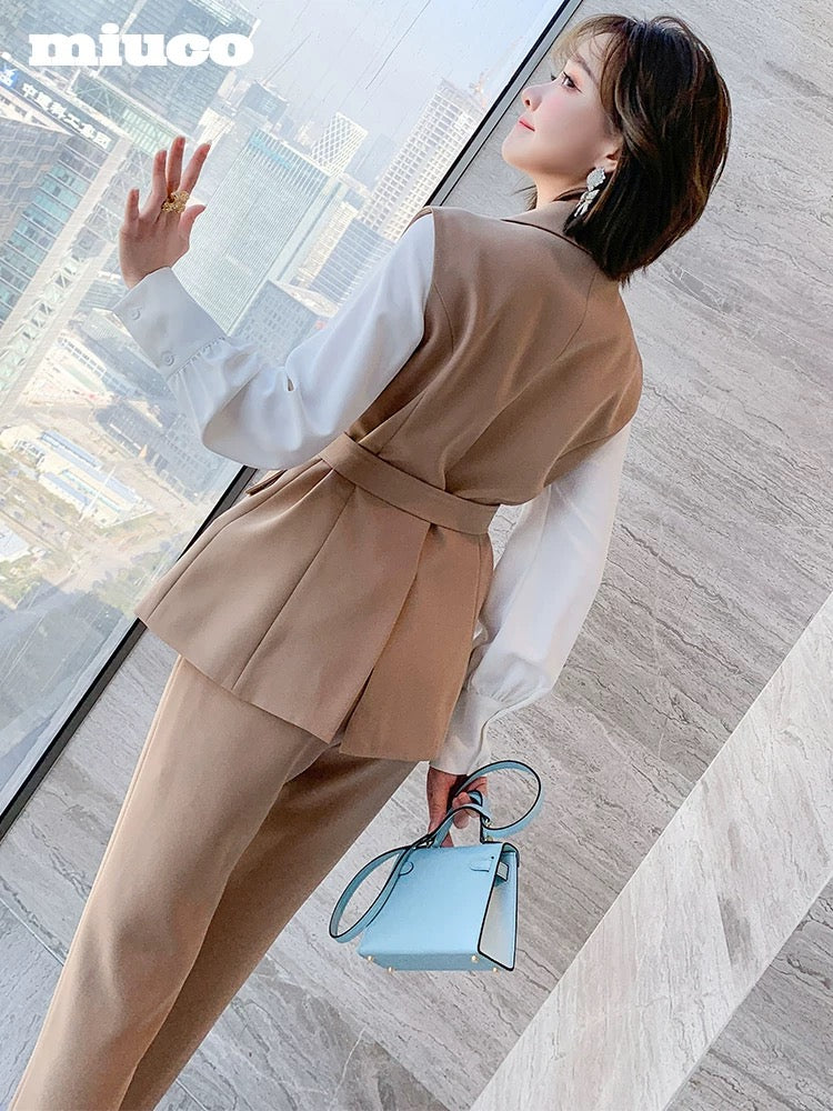 miuco streamer white shirt + waist suit vest + straight trousers three-piece suit 2021 autumn new k