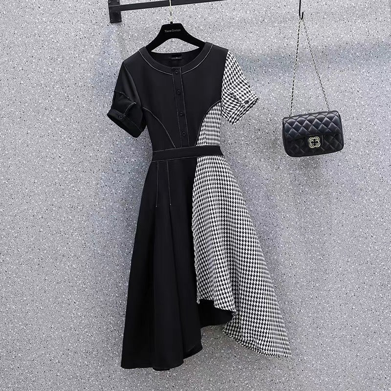 2022 summer new large size women's decoration body is thin Hepburn style stitching houndstooth temperament irregular dress