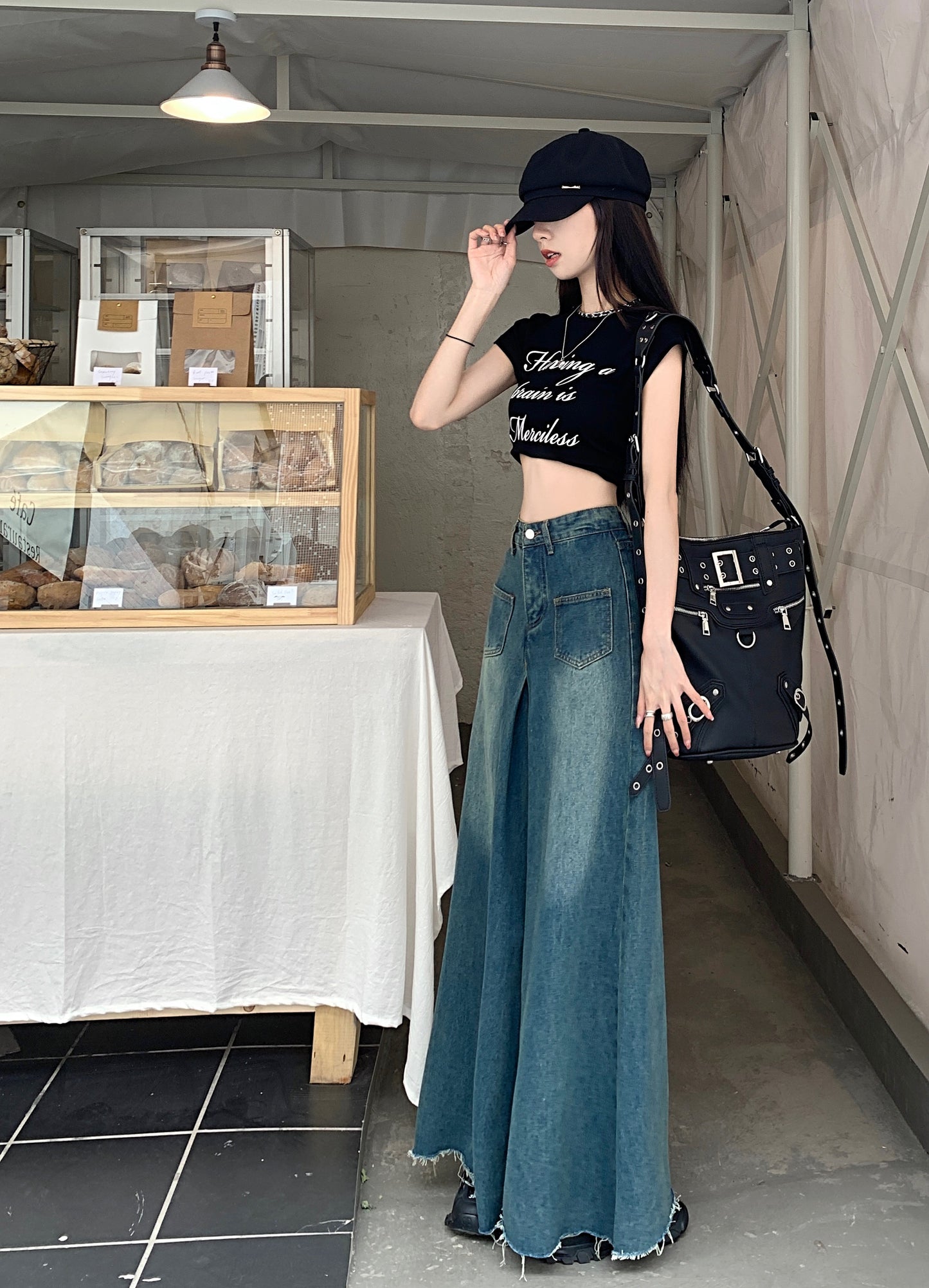 Retro blue raw-edged jeans women's summer high-waist all-match trousers loose slim straight-leg wide-leg mopping trousers