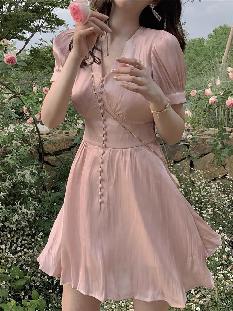 DoggyQin retro dress V-neck short-sleeved mercerized satin dress 2019 new summer dress