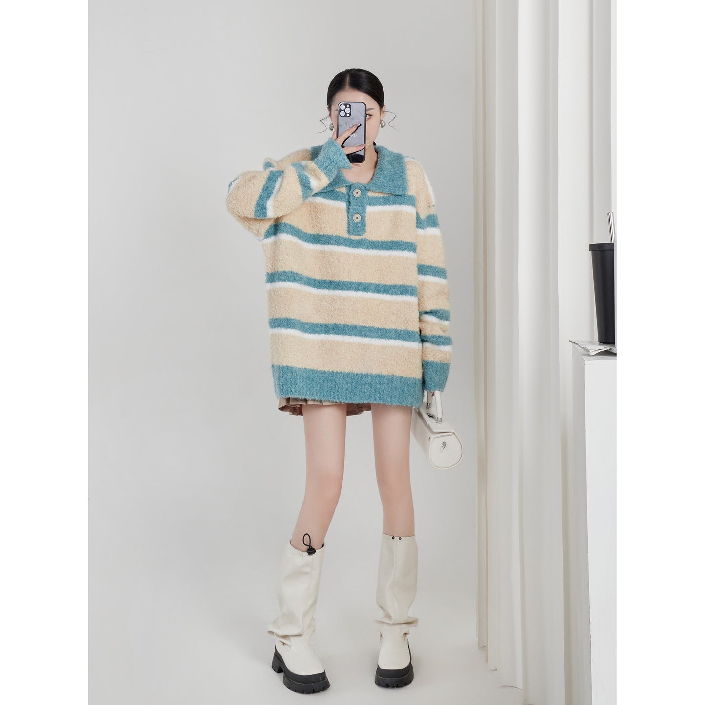 LLL LAB/Hong Kong style retro chic sweater Polo collar striped loose sweet cute art raw milk obedient top