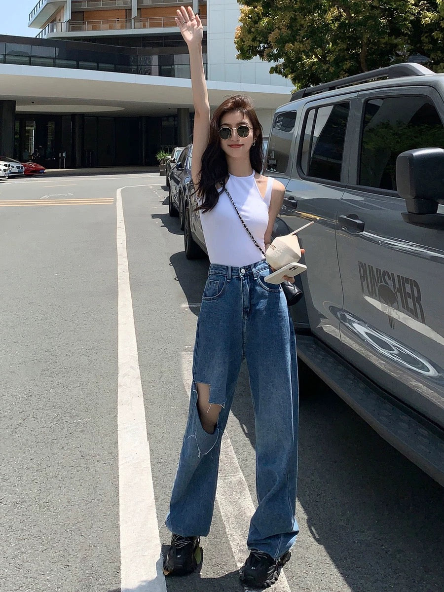 MULVAN ripped hole raw edge jeans women's 2022 new high-waisted thin loose straight wide-leg pants high street tide