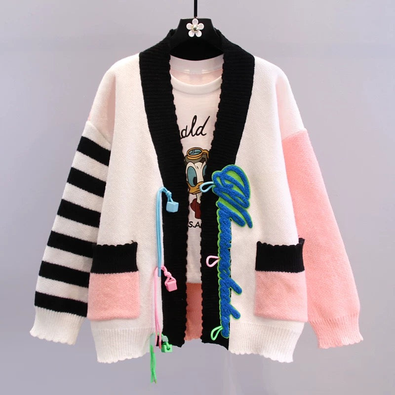 Contrast color design sweater jacket women's autumn and winter 2022 new Korean version loose and lazy style knitted cardigan