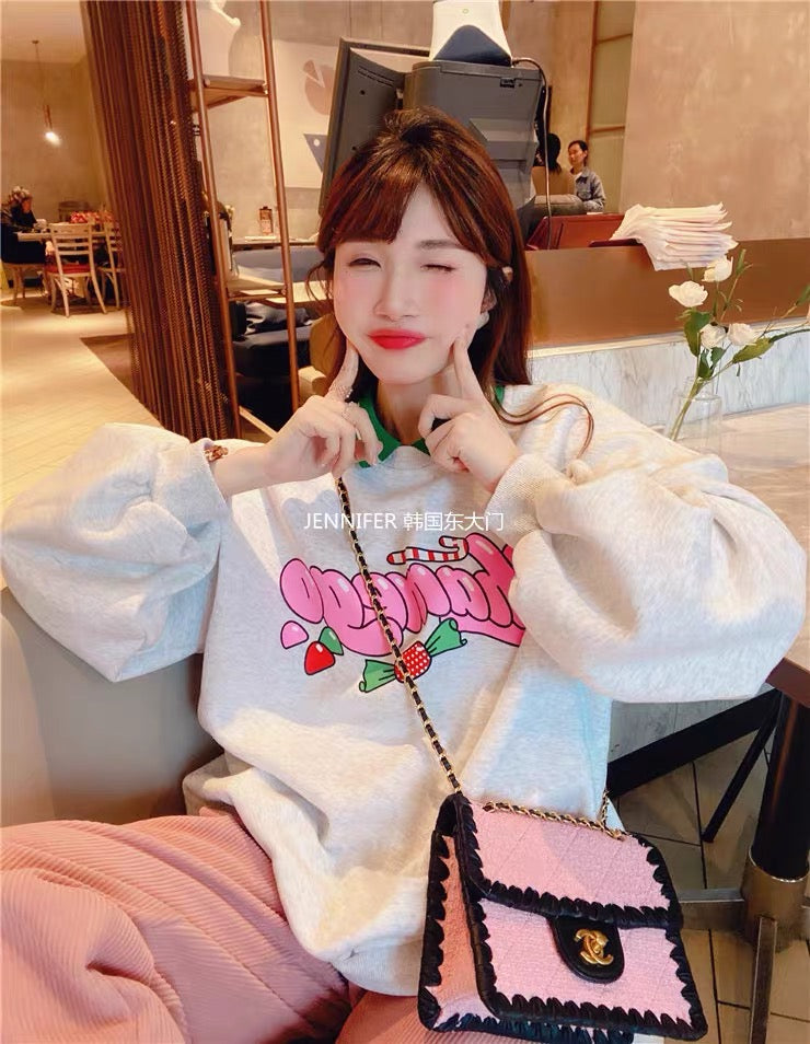 JENNIFER JXLIU Korean winter ~ pink candy with green lapel fake two gray plus velvet sweater
