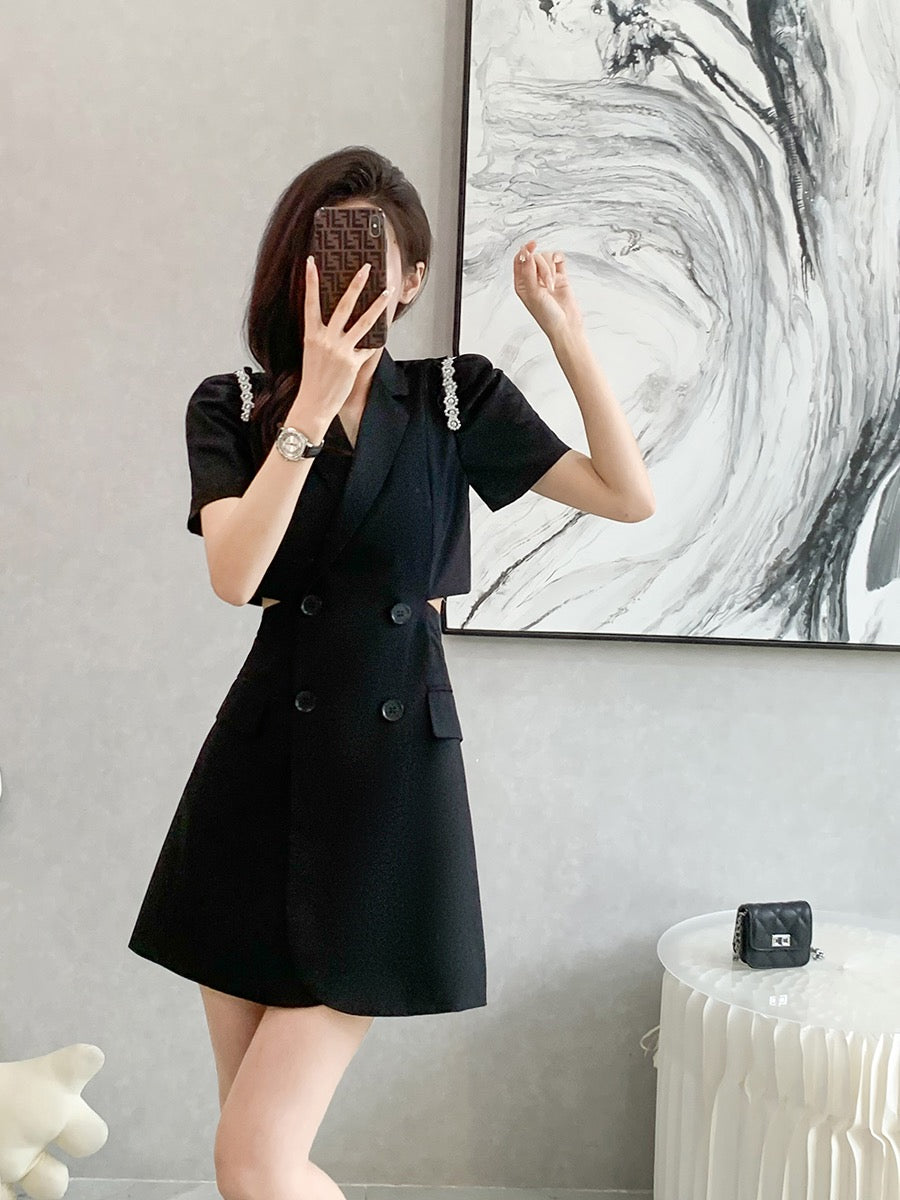 2023 summer new French temperament British style high-end design sense niche black waist suit dress female