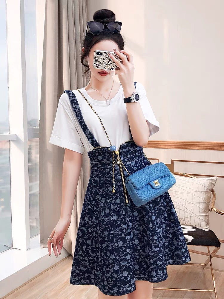 Small dress two-piece age-reducing women's clothing 2022 new fashionable temperament t-shirt suspender skirt summer denim suit