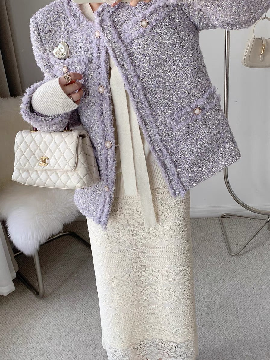 CHICROOM Purple Small Fragrance Coat Women's Autumn and Winter Small Short Korean Ladies Tweed Coat