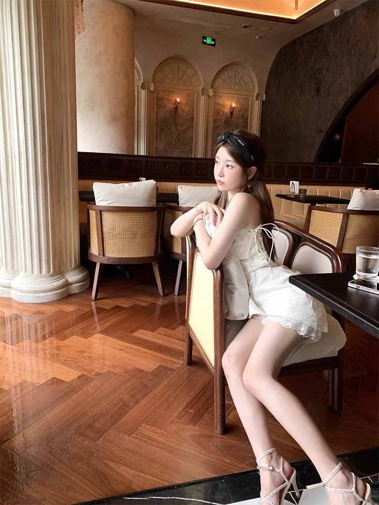 DoggyQin show Julie / temperament elegant sleeveless solid color mesh tie strap tube top dress
