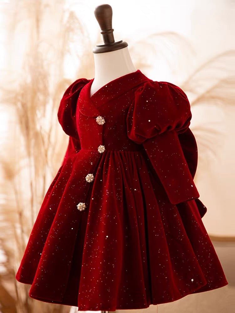 Children's one-year-old banquet baby girl's birthday catch week dress girl princess dress red high-end flower girl winter long-sleeved