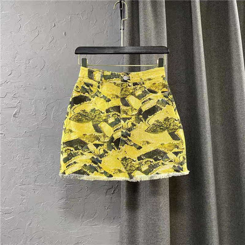 ins super hot personality pattern printed denim skirt 2022 new autumn Korean version high waist A-line skirt women q110