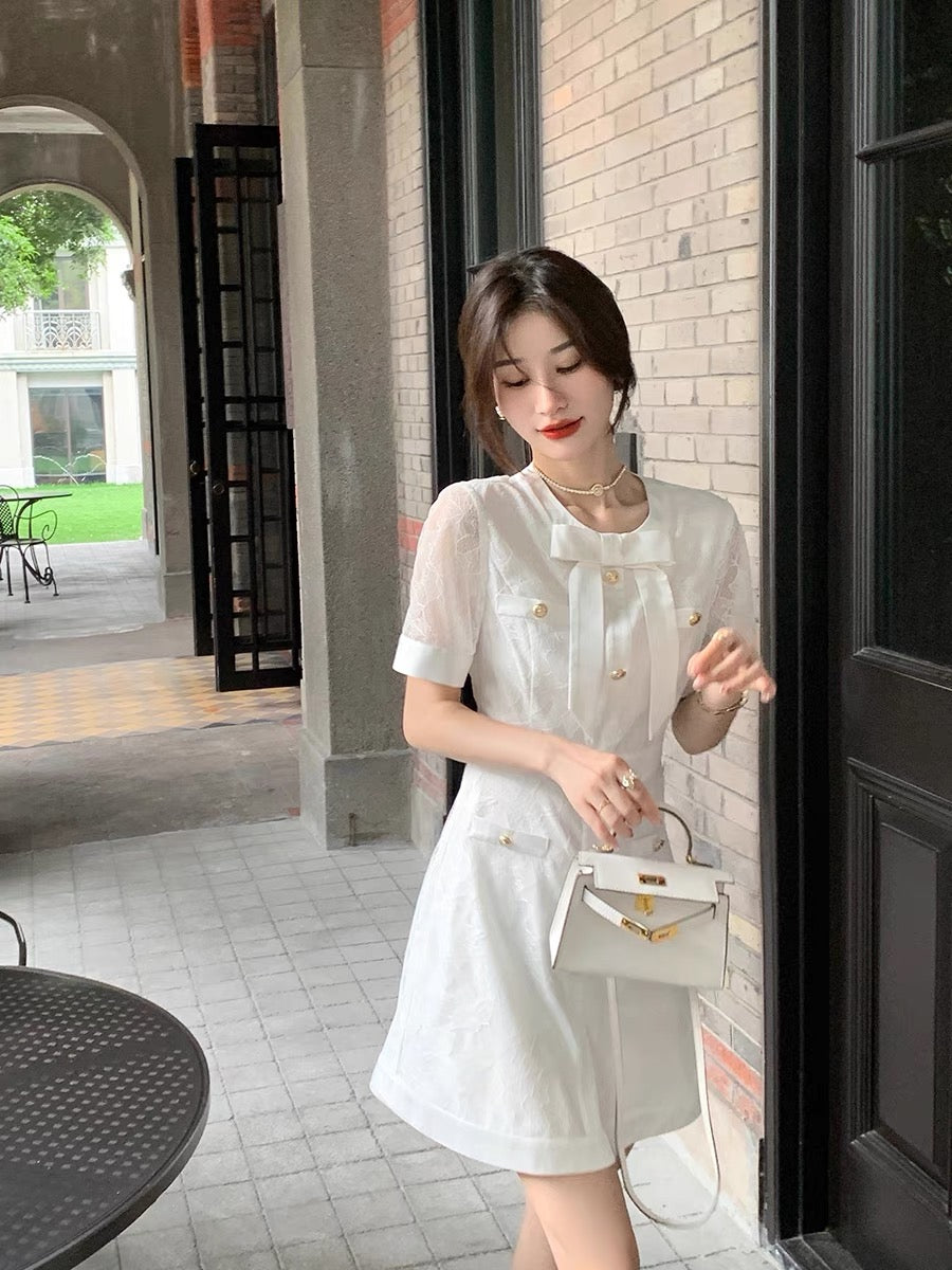 GUOGUOWOMEN Guoguojia fashion classic small fragrance elegant bow tie high-quality temperament slim dress 1110