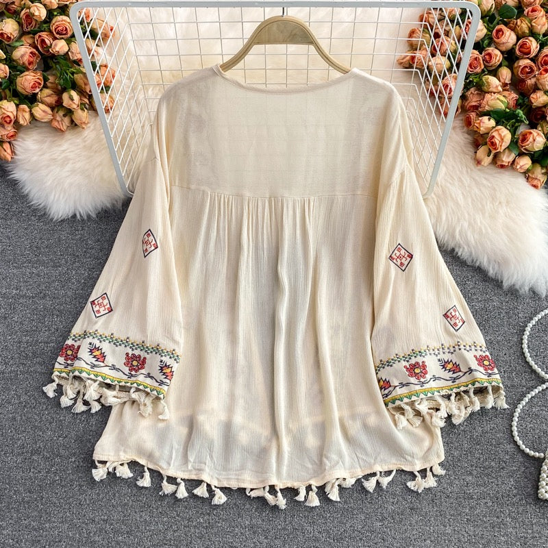 Bohemian seaside vacation Yunnan ethnic style embroidered top loose embroidery tassel shawl sunscreen shirt summer